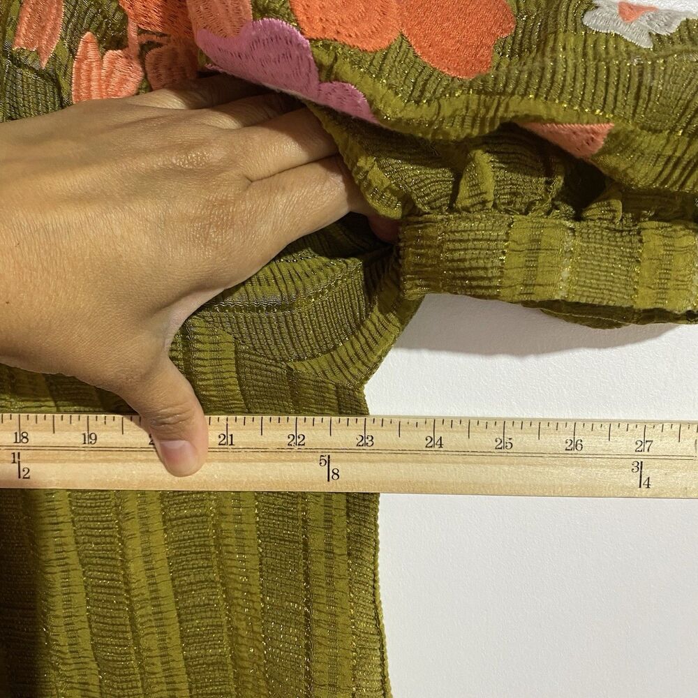 THML Anthropologie Top L Green Floral Embroidered Puff Sleeve Fall Boho - Picture 11 of 13